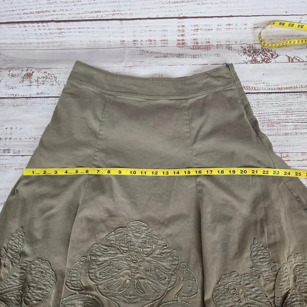 Coldwater Creek Olive Green Embroider Flare Pleated Skirt 10/12 Whimsigoth Boho